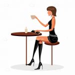 Fashionable Woman Sitting on Table Drinking Coffee